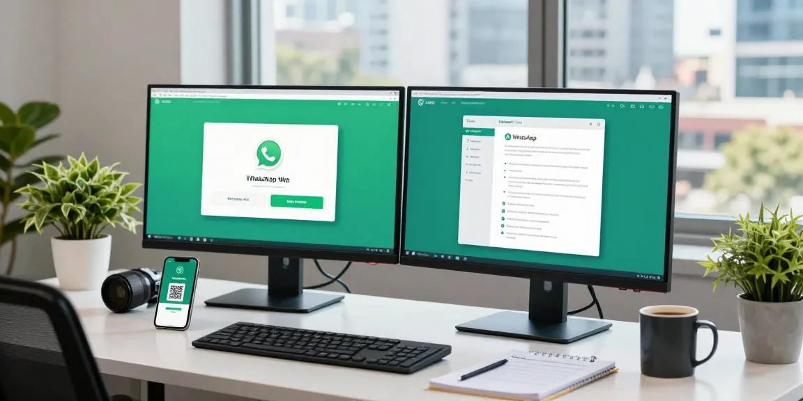 Remote worker using WhatsApp網頁版 on dual monitors in a bright office.