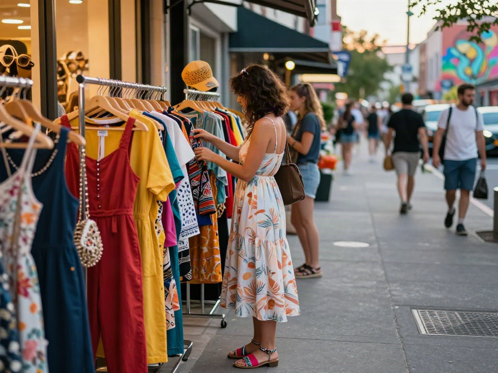 Vrouw in een trendy jurk en sandalen die kleding online bekijkt in een stadse boetiek.