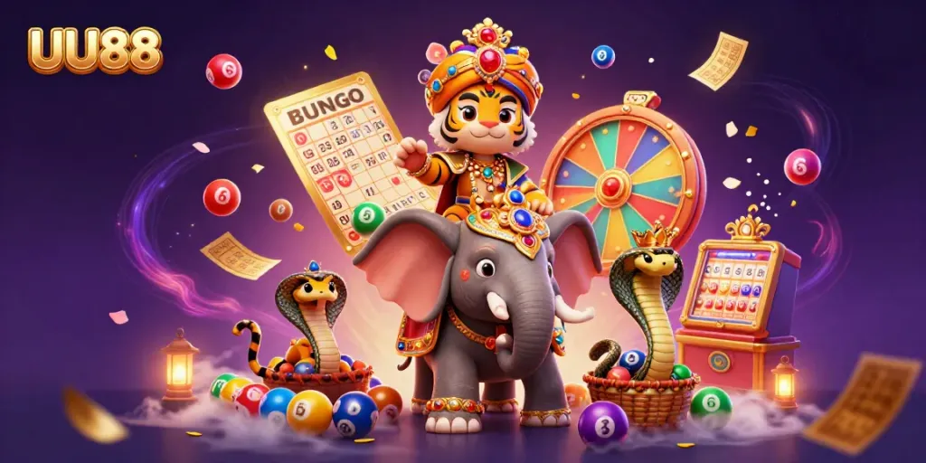 Experience the thrill of UU88 with vibrant lottery elements and a majestic elephant scene.