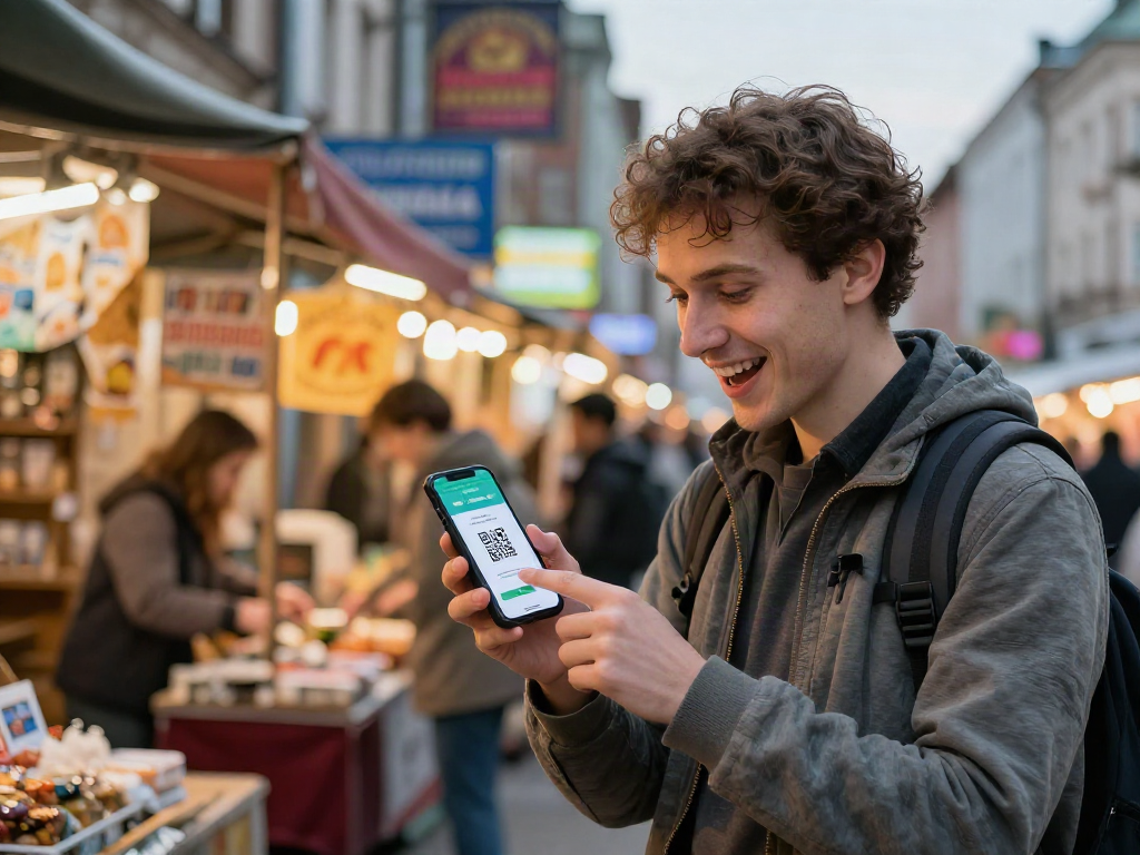 De reiziger gebruikt https://payinrussia.com/ om eenvoudig digitale betalingen te doen in een bruisende straatmarkt.