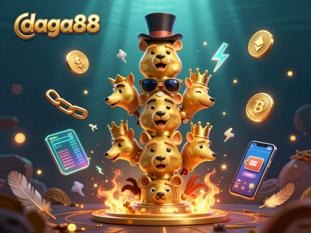 daga88 showcases an intense cockfighting scene with golden totem poles and dynamic crypto elements.