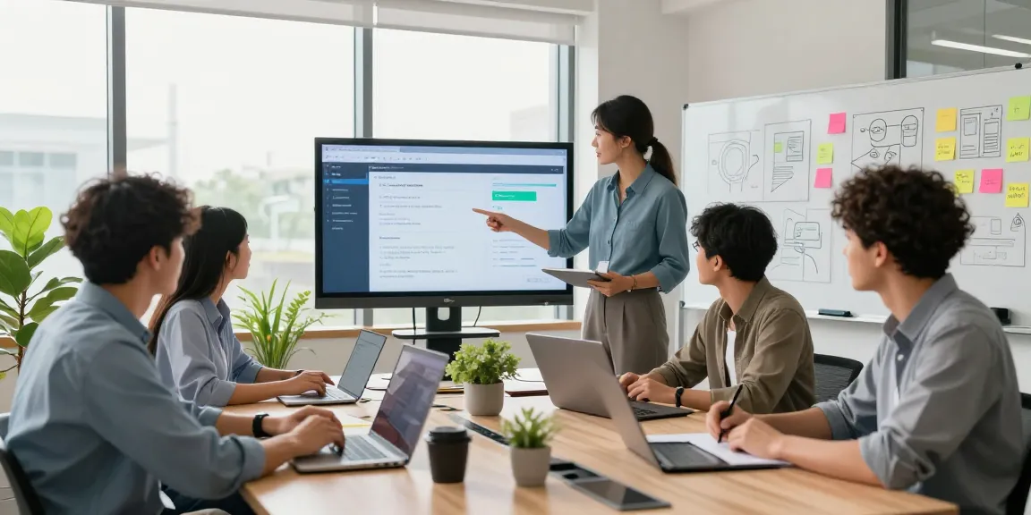 IT support business team collaborating in a modern office environment, showcasing teamwork and technology solutions.