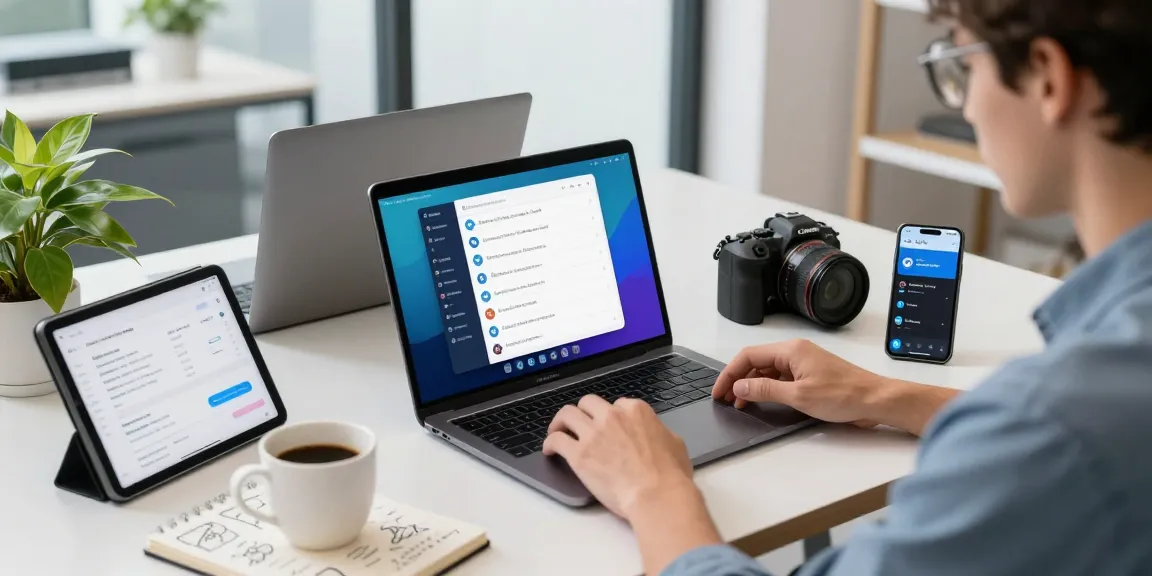Download Telegram on multiple devices in a modern workspace with vibrant chat interfaces and tech gadgets.