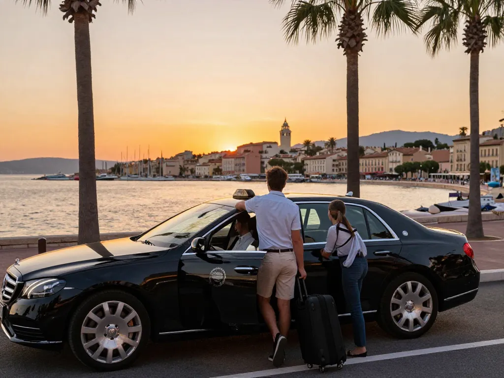 Taxi Saint-Tropez avec véhicule de luxe au coucher du soleil, voyageur arrivant au port emblématique.