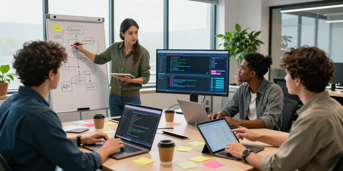 Build internal tools with AI in a collaborative office environment showcasing teamwork and innovation.