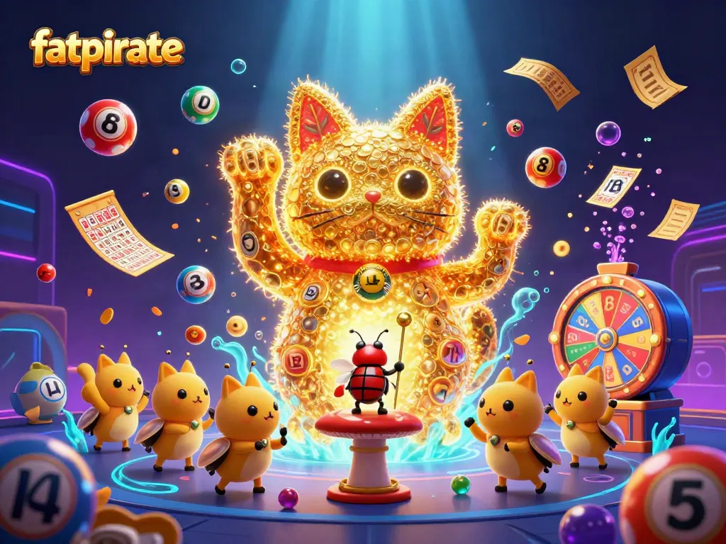 Experience the excitement of fatpirate with a colorful scene featuring dynamic gambling elements and an enchanting lucky cat.