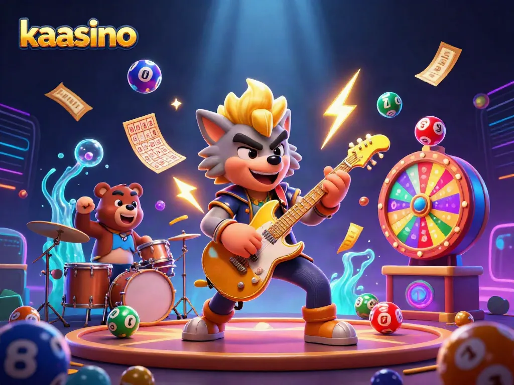 Kaasino captures a dynamic casino vibe with lively characters, colorful lottery elements, and a vibrant stage scene.