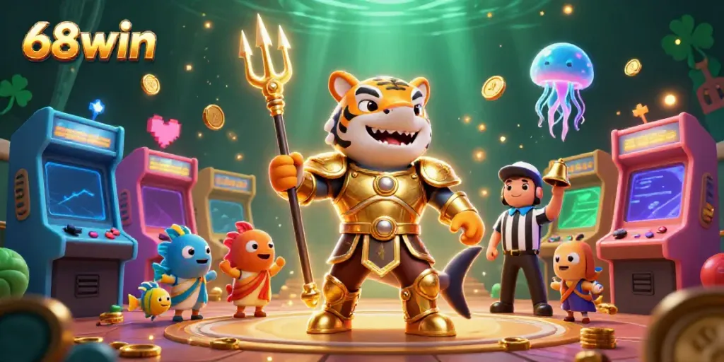 Experience thrilling gameplay with 68win showcasing a tiger shark in a grand underwater arena.