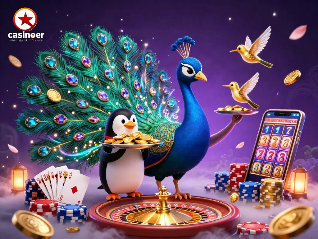 Engage with exciting casinoer uden dansk licens through vivid 3D illustration of peacock and casino elements.