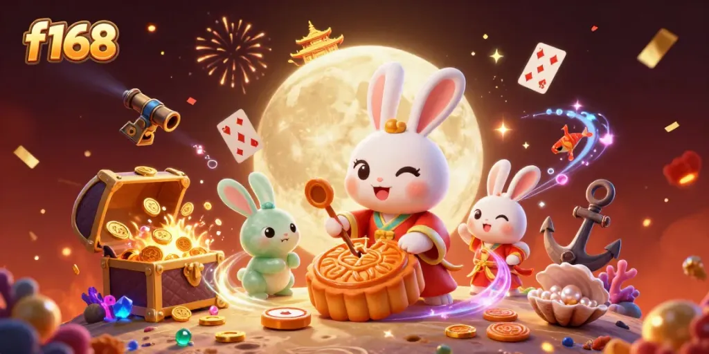 Unleash your luck at f168 with a festive moon rabbit surrounded by gold, poker chips, and underwater treasures.
