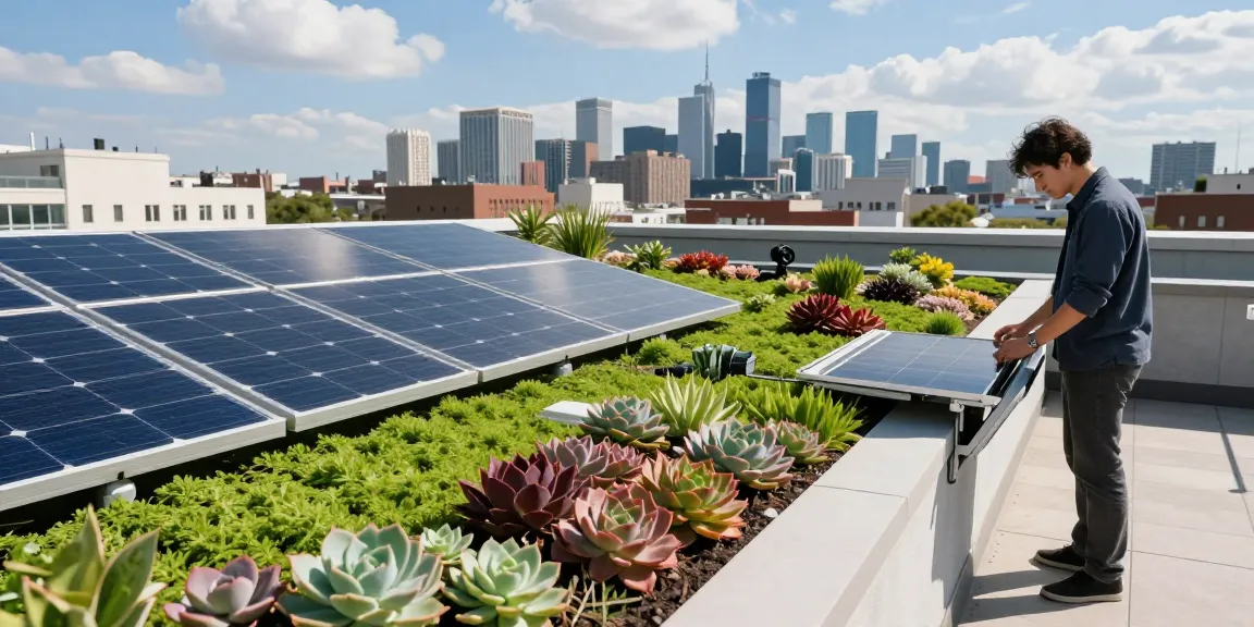Zonnepanelen op sedumdak combineren met levendige sedumplanten op een zonnig stedelijk dak.