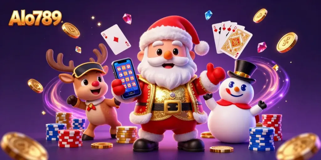Alo789 presents a vibrant 3D casino scene showcasing Santa and friends getting lucky with jackpot slots.