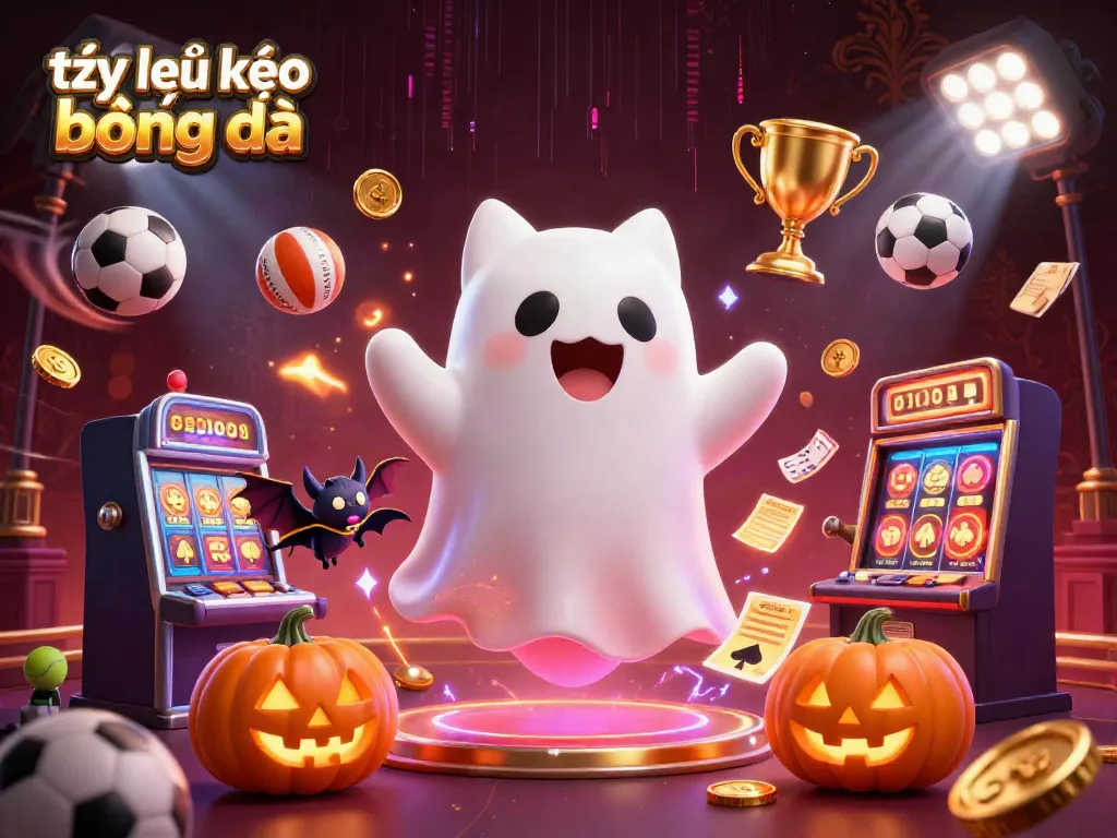 Tỷ lệ kèo bóng đá lively illustration showcasing a ghost cat and bat in a haunted casino.