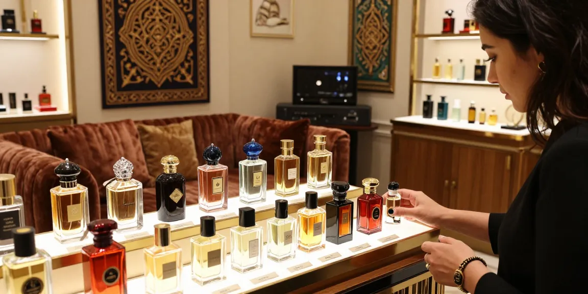 Showcase van Arabisch parfum voor heren in luxe winkelomgeving met elegante flacons.