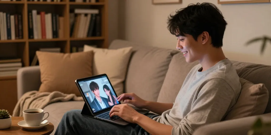 Engaging interaction with an AI NSFW character in a cozy living room setting, showcasing digital intimacy.