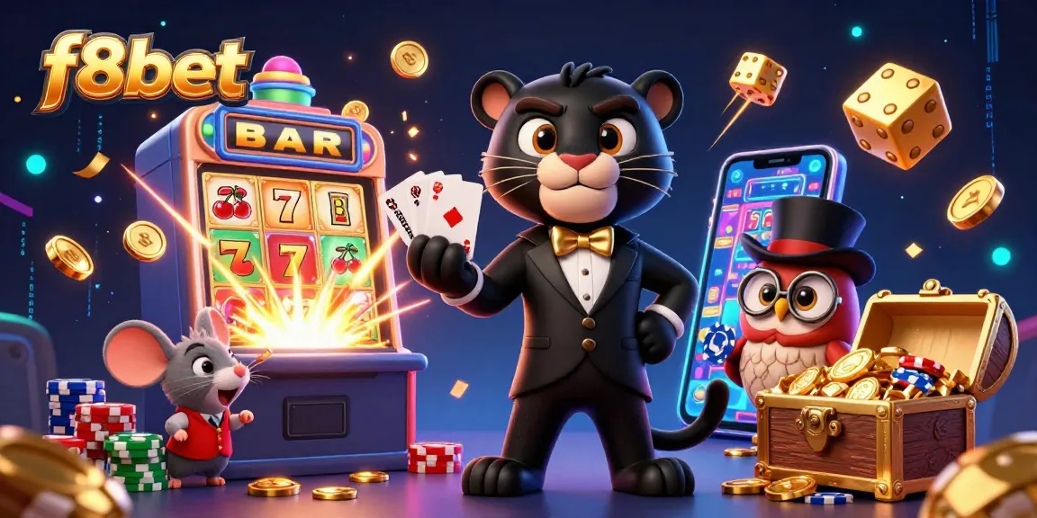 Experience exciting gaming at f8bet with charismatic characters enjoying a lively casino atmosphere.