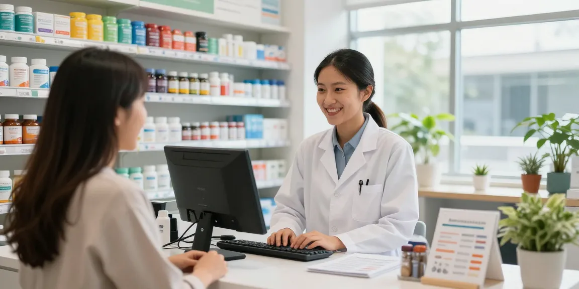 Unieke Pharma Shop: Een actieve apotheker helpt een klant in een moderne apotheek met een brede selectie gezondheidssupplementen.