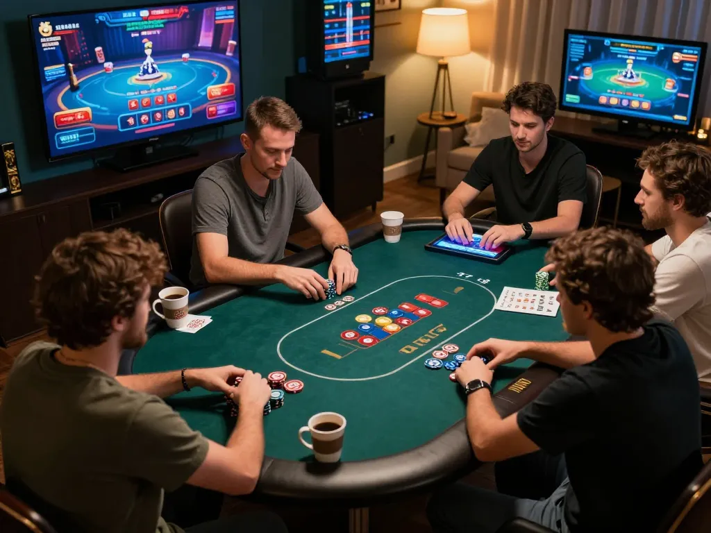 uk88 players strategizing during an online poker game with a cozy atmosphere