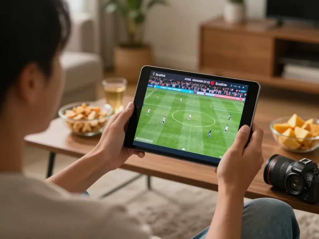 xem bóng đá Socolive on tablet in cozy home setting, enjoying live soccer streaming experience