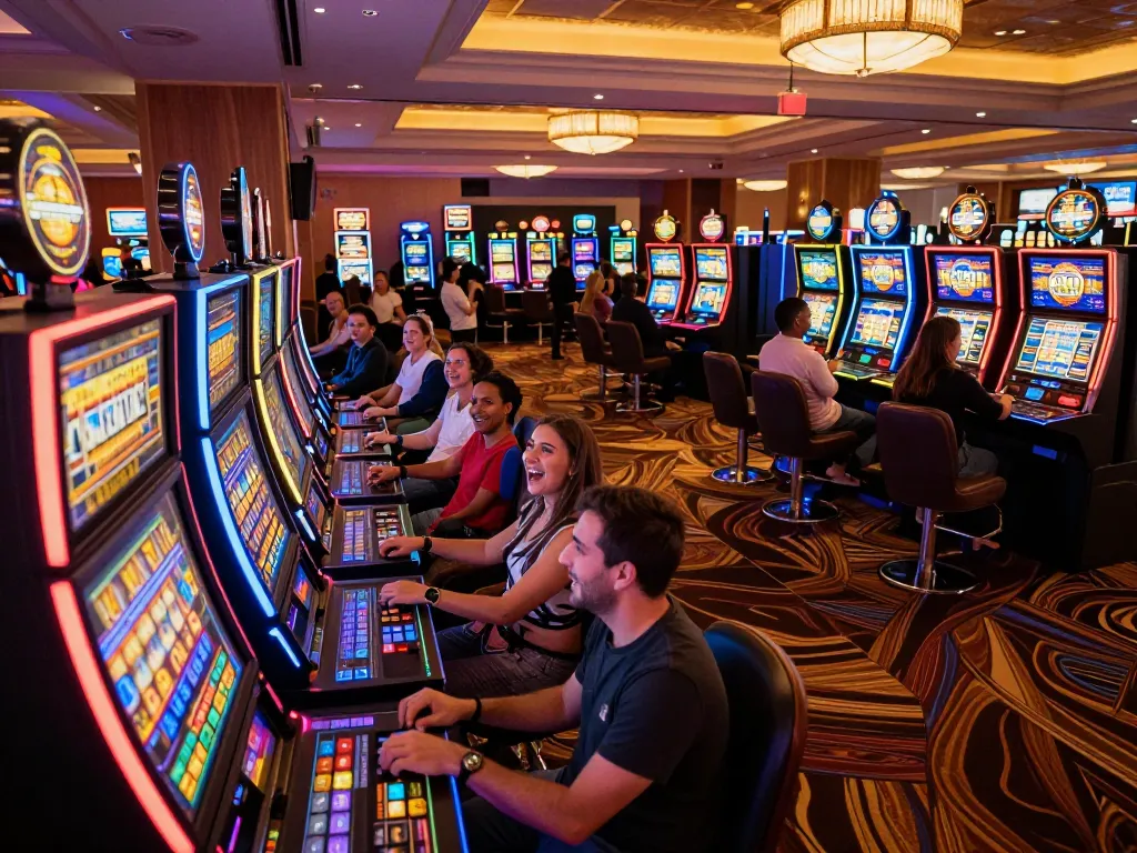 Players enjoying slot pulsa games with colorful machines in a vibrant casino atmosphere.