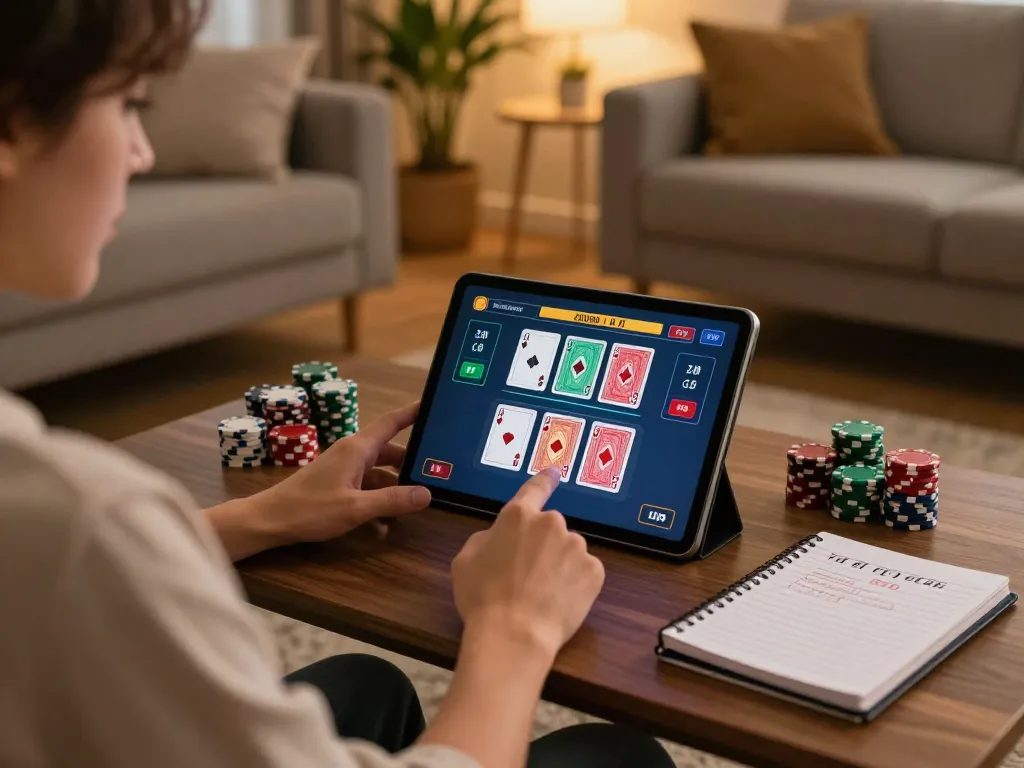 Playing live dealer blackjack on 79KING tablet in a cozy home setting with strategic notes.