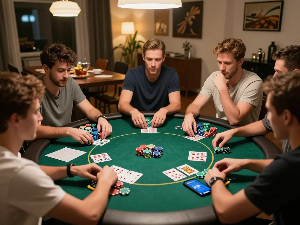Friends enjoying a poker game at home, showcasing tactical strategies with tic88 features visible on the table.