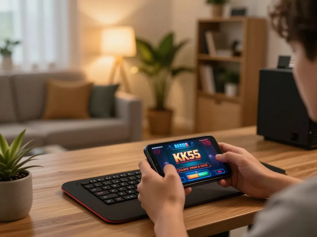 Person exploring KK55 online casino app in a cozy living room while enjoying comfortable gaming.