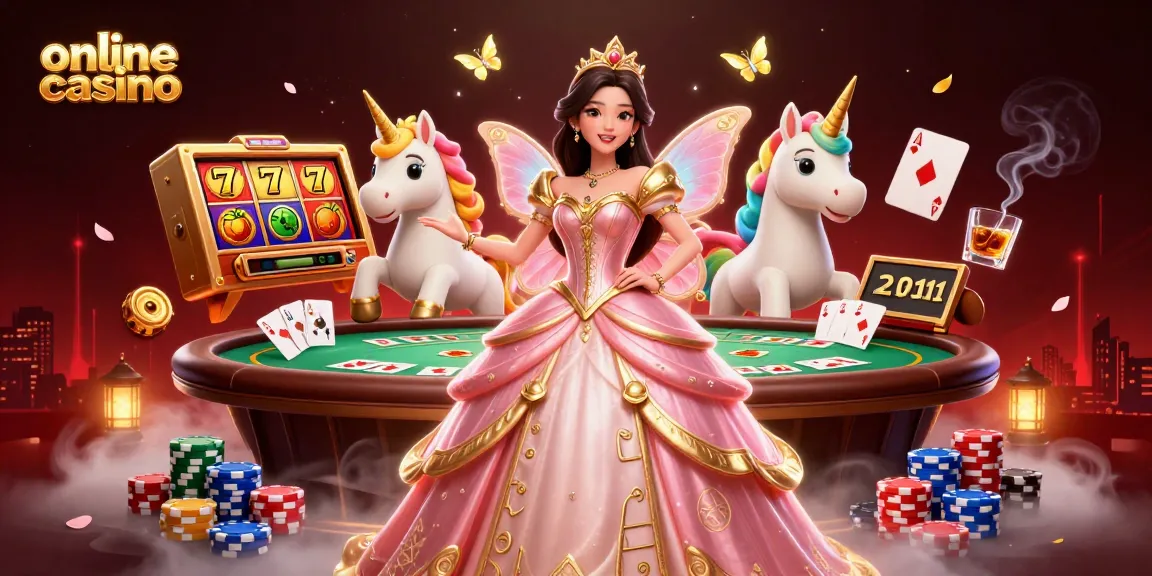 Experience the excitement of online casino gaming with a glamorous scene of slots and poker elements.