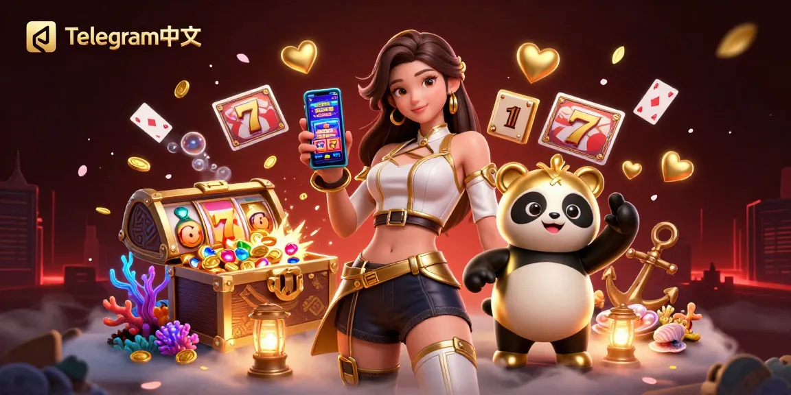体验Telegram中文的刺激，一位女性与熊猫吉祥物一起玩在线赌场游戏。