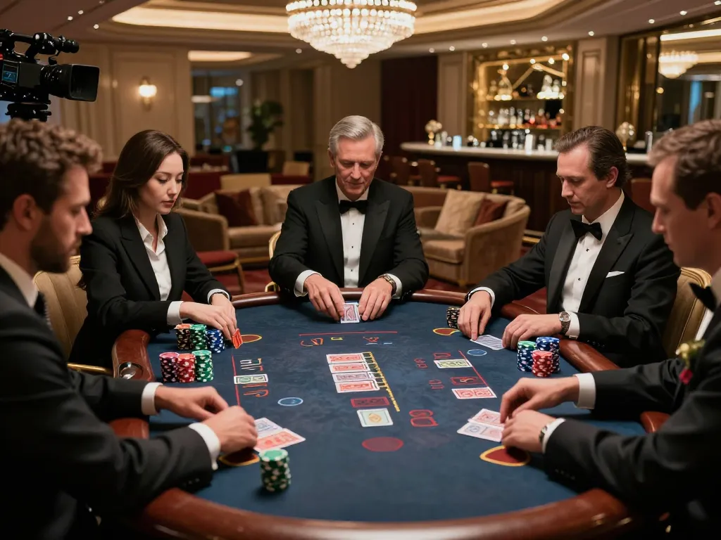 rik88 gaming table showcasing an intense blackjack match among high rollers, rich casino atmosphere