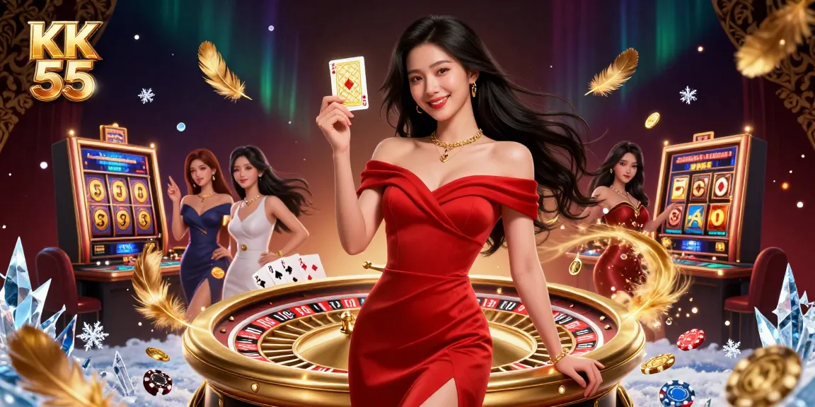 Experience thrilling games with KK 55 at an elegant casino featuring a confident dealer and dynamic gaming elements.
