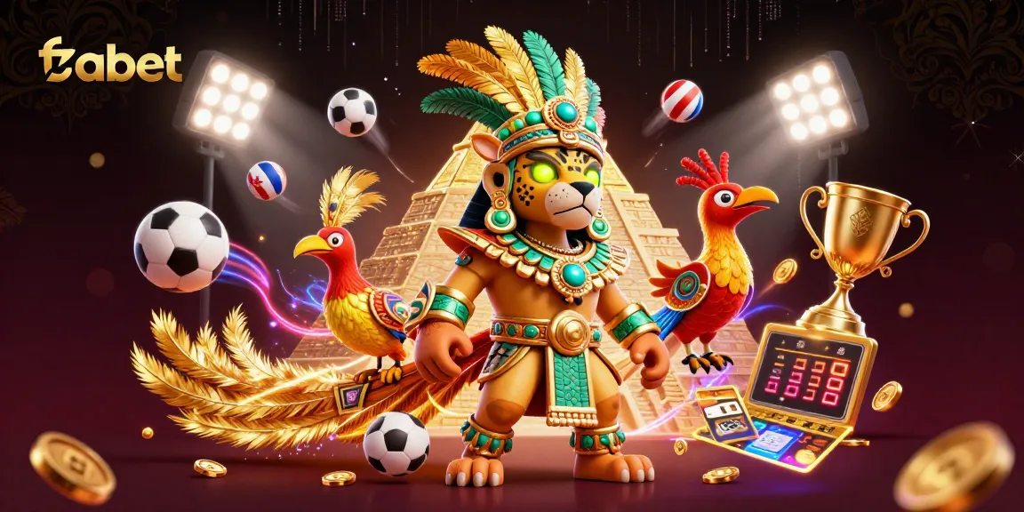 Join fabet's thrilling sports betting action with dynamic 3D illustrations of champions, trophies, and game elements.