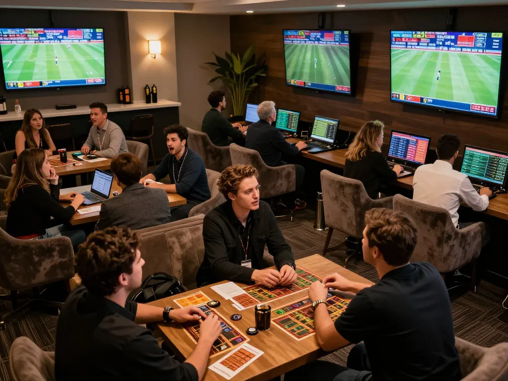 Vin88 bettors engaged in live sports betting, analyzing stats and placing wagers in a vibrant lounge.