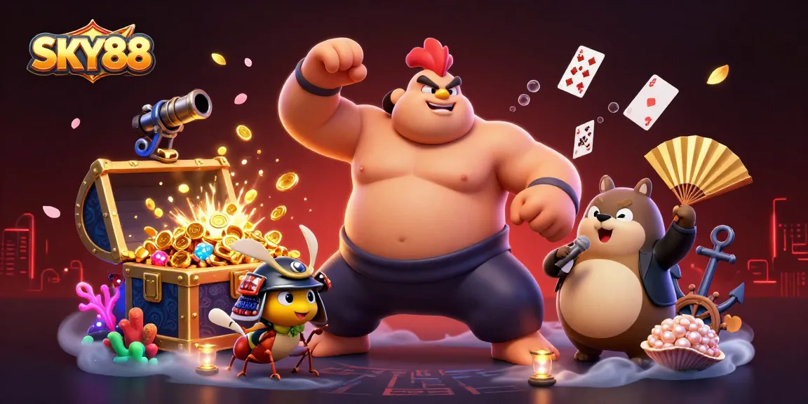 Engage with thrilling gameplay at SKY88, featuring a vibrant casino scene with sumo wrestler, cricket, and tanuki.