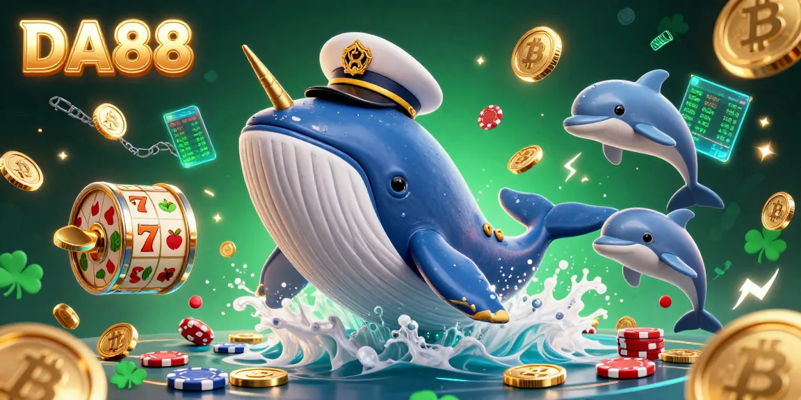 Experience winning strategies with DA88 in a vibrant 3D casino scene featuring whales and coins.