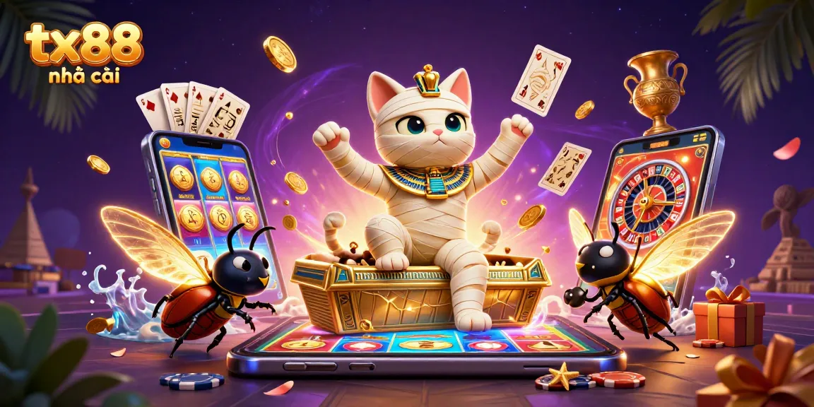 Join the excitement at tx88 nhà cái with a thrilling scene of gaming adventures, featuring a lively mummy cat and luminous elements.