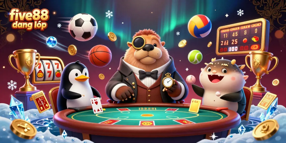 Experience exciting gaming with five88 đăng nhập at an underwater poker table of a walrus, penguin dealer, and pufferfish.