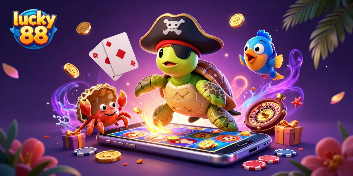 Experience the thrill of lucky 88 with a pirate turtle and treasure, amidst casino excitement.
