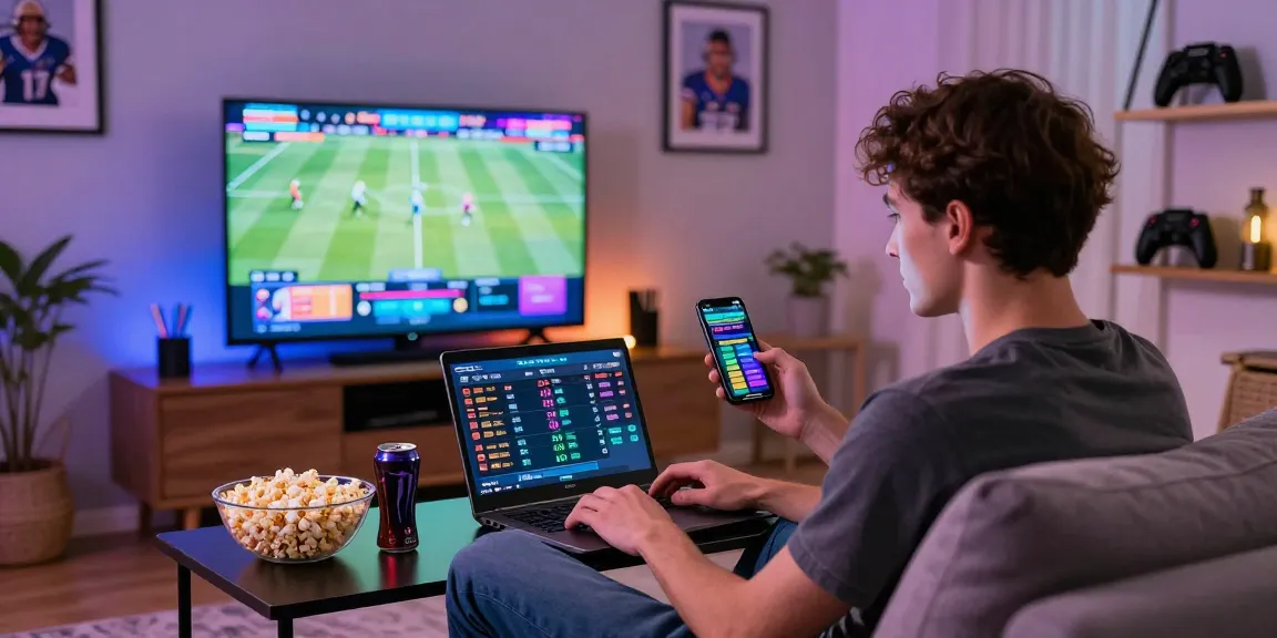 LUCK8 online betting scene with a young adult placing bets on a laptop, sports highlights streaming, and cozy atmosphere.