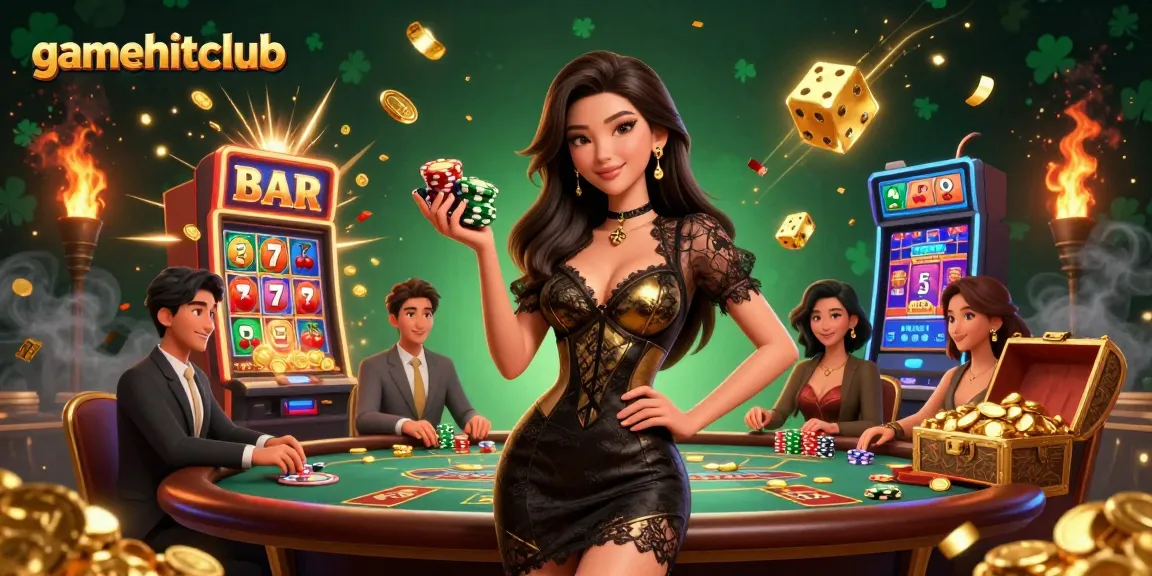 Experience top-tier gaming at gamehitclub, featuring a glamorous baccarat setting with thrilling slot machine action.