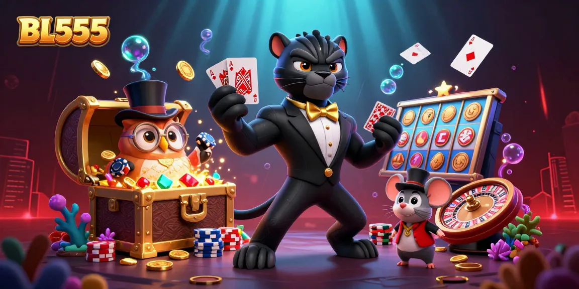 Engage with BL555's exciting online casino adventure as the panther deals cards amidst vibrant gaming elements.