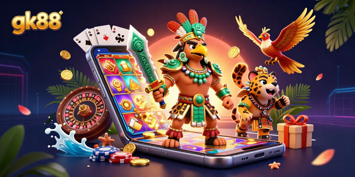 Engaging gk88 casino scene featuring an Aztec warrior and slot game action.
