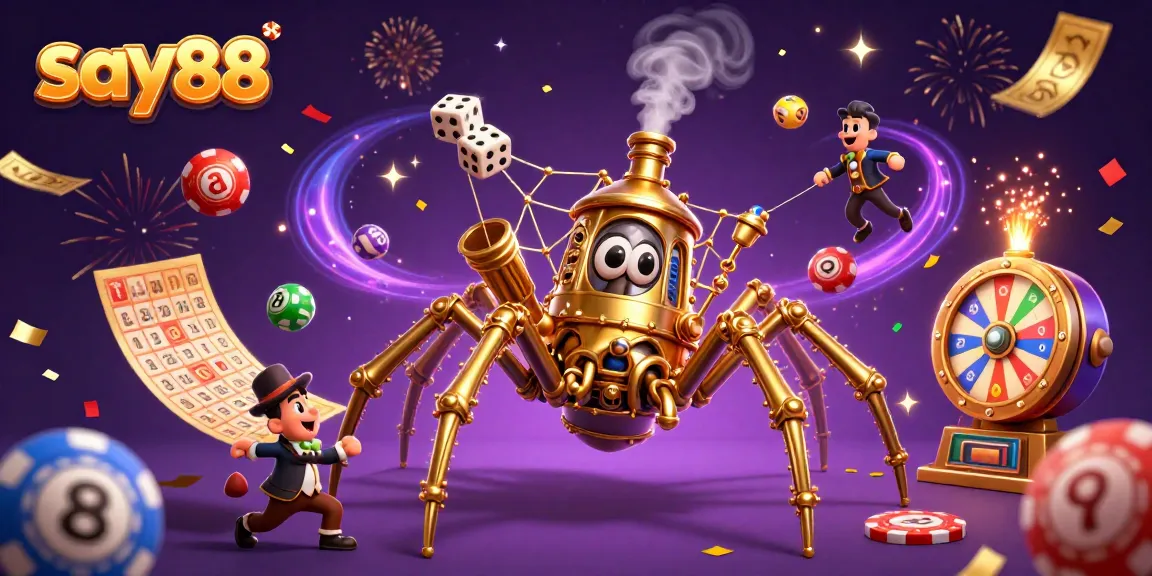 Experience gambling excitement at say88 with a steampunk golden spider and dynamic lottery elements.