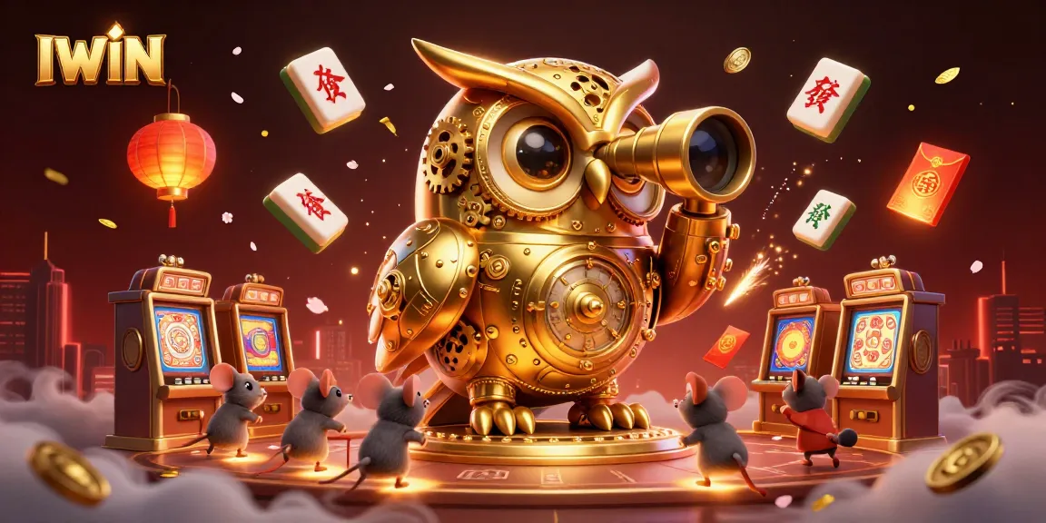IWIN brings luck with a clockwork golden owl in a vibrant casino setting