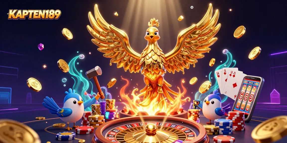 Menggandakan keseruan bermain KAPTEN189 dengan ilustrasi 3D phoenix emas dan elemen permainan kasino yang berkilau.
