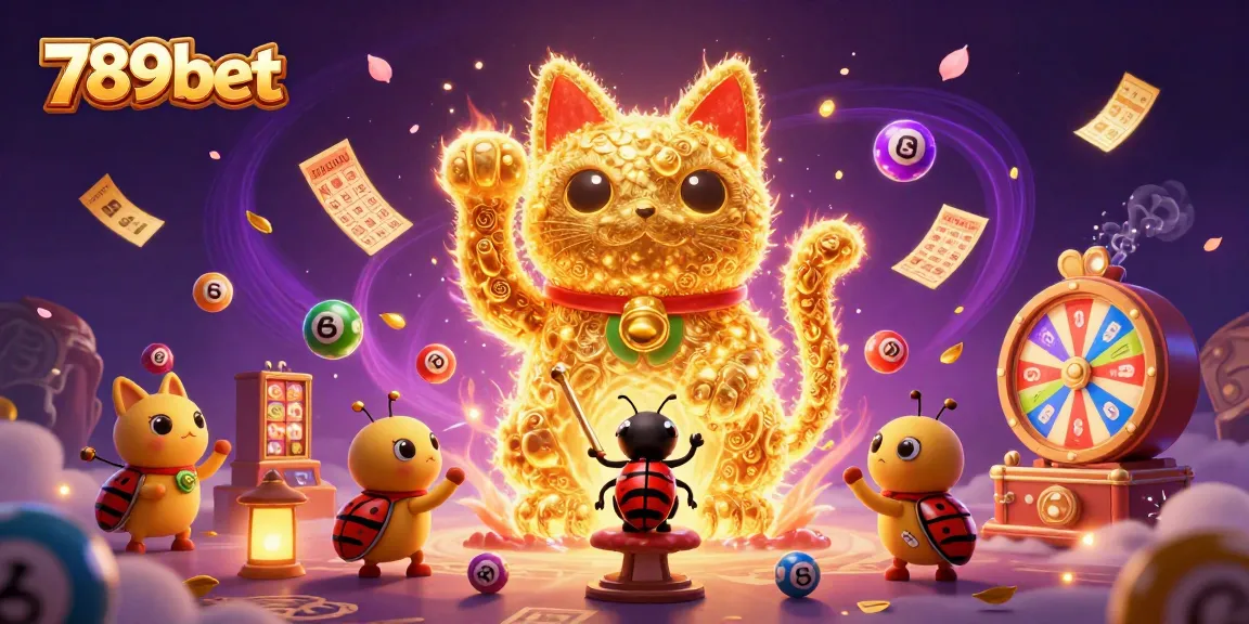 Engage with 789bet's vibrant lottery theme featuring a giant lucky cat and dynamic casino symbols.