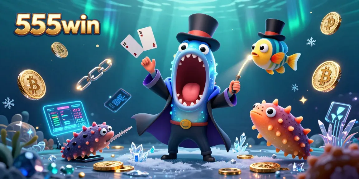Join the fun of 555win with captivating underwater characters performing dazzling card tricks.