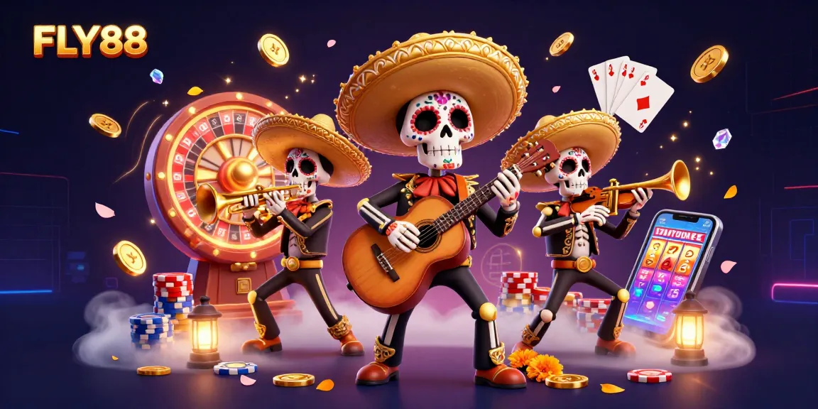 Experience high-energy gaming with FLY88's vibrant 3D casino scene filled with colorful characters and lavish effects.