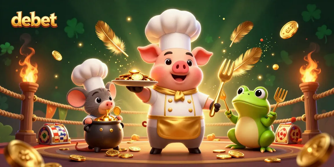 Visualize debet excitement with a cartoon chef pig and friends amid golden coins and vibrant casino elements.