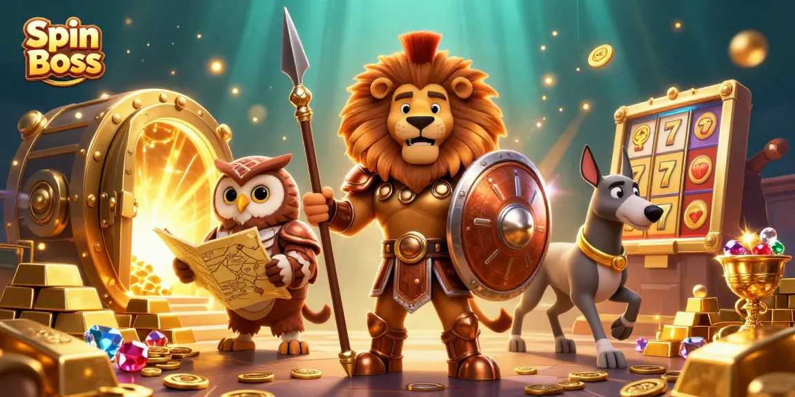 Spin Boss unleashes thrilling gameplay with vibrant 3D casino illustration, featuring golden treasures and dynamic characters.
